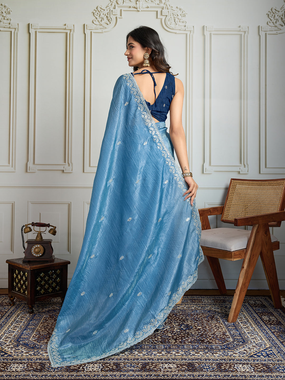 Jyoti Fashion Women's Rama Blue Gold Crush Embroidered Designer Saree with Blouse - Distacart
