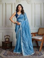 Jyoti Fashion Women's Rama Blue Gold Crush Embroidered Designer Saree with Blouse - Distacart