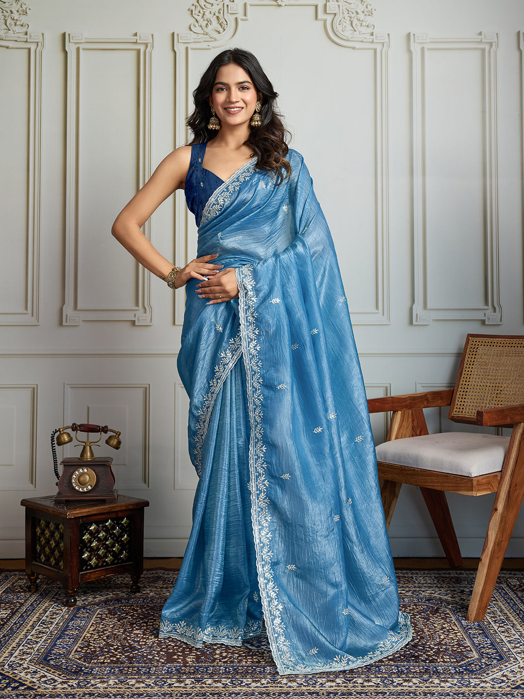 Jyoti Fashion Women's Rama Blue Gold Crush Embroidered Designer Saree with Blouse - Distacart