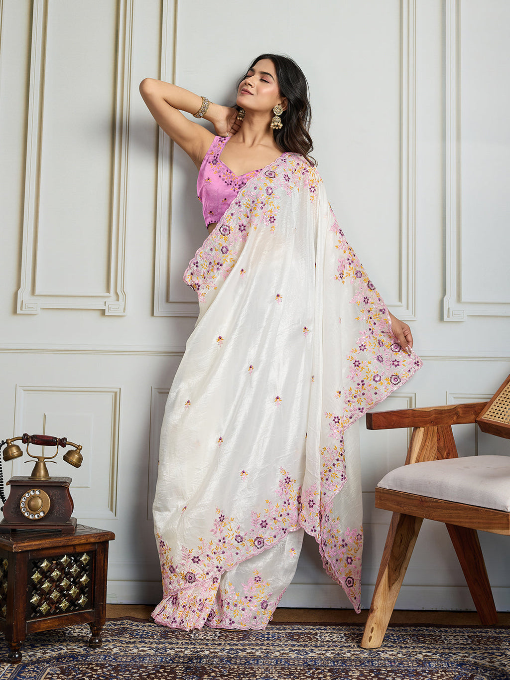 Jyoti Fashion Women's White Gold Crush Embroidered Designer Saree with Blouse - Distacart