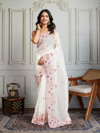 Jyoti Fashion Women's White Gold Crush Embroidered Designer Saree with Blouse - Distacart