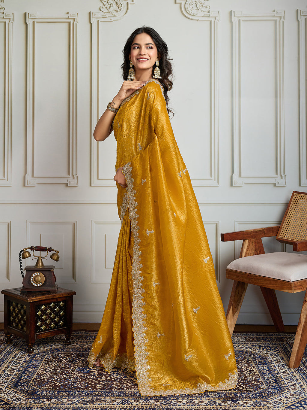 Jyoti Fashion Women's Yellow Satin Silk Embroidered Designer Saree with Blouse - Distacart