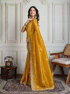 Jyoti Fashion Women's Yellow Satin Silk Embroidered Designer Saree with Blouse - Distacart