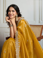 Jyoti Fashion Women's Yellow Satin Silk Embroidered Designer Saree with Blouse - Distacart