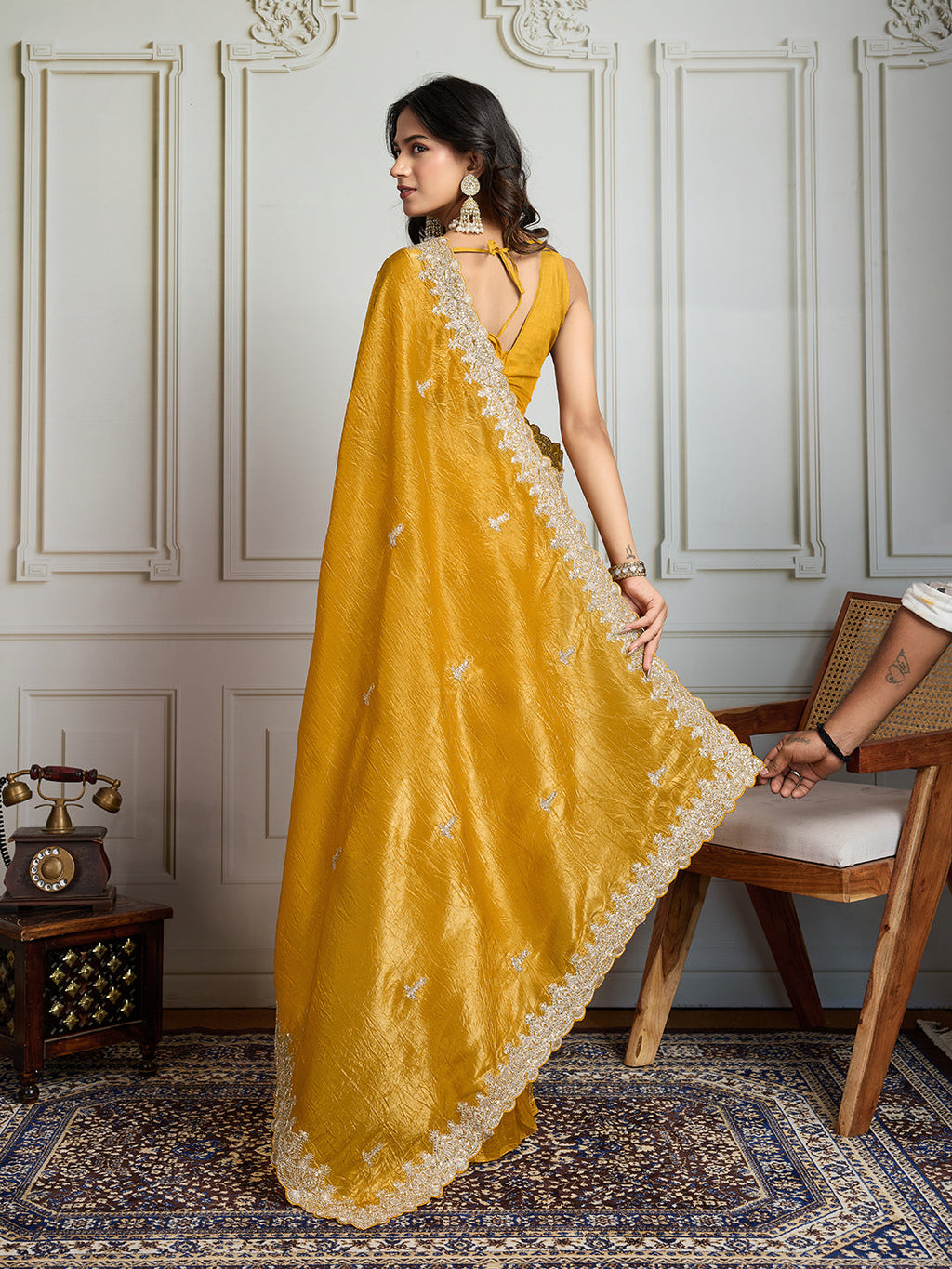 Jyoti Fashion Women's Yellow Satin Silk Embroidered Designer Saree with Blouse - Distacart
