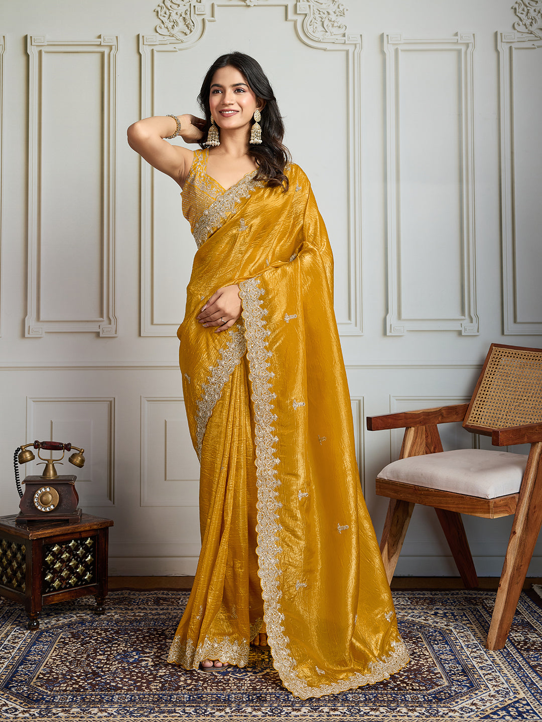 Jyoti Fashion Women's Yellow Satin Silk Embroidered Designer Saree with Blouse - Distacart