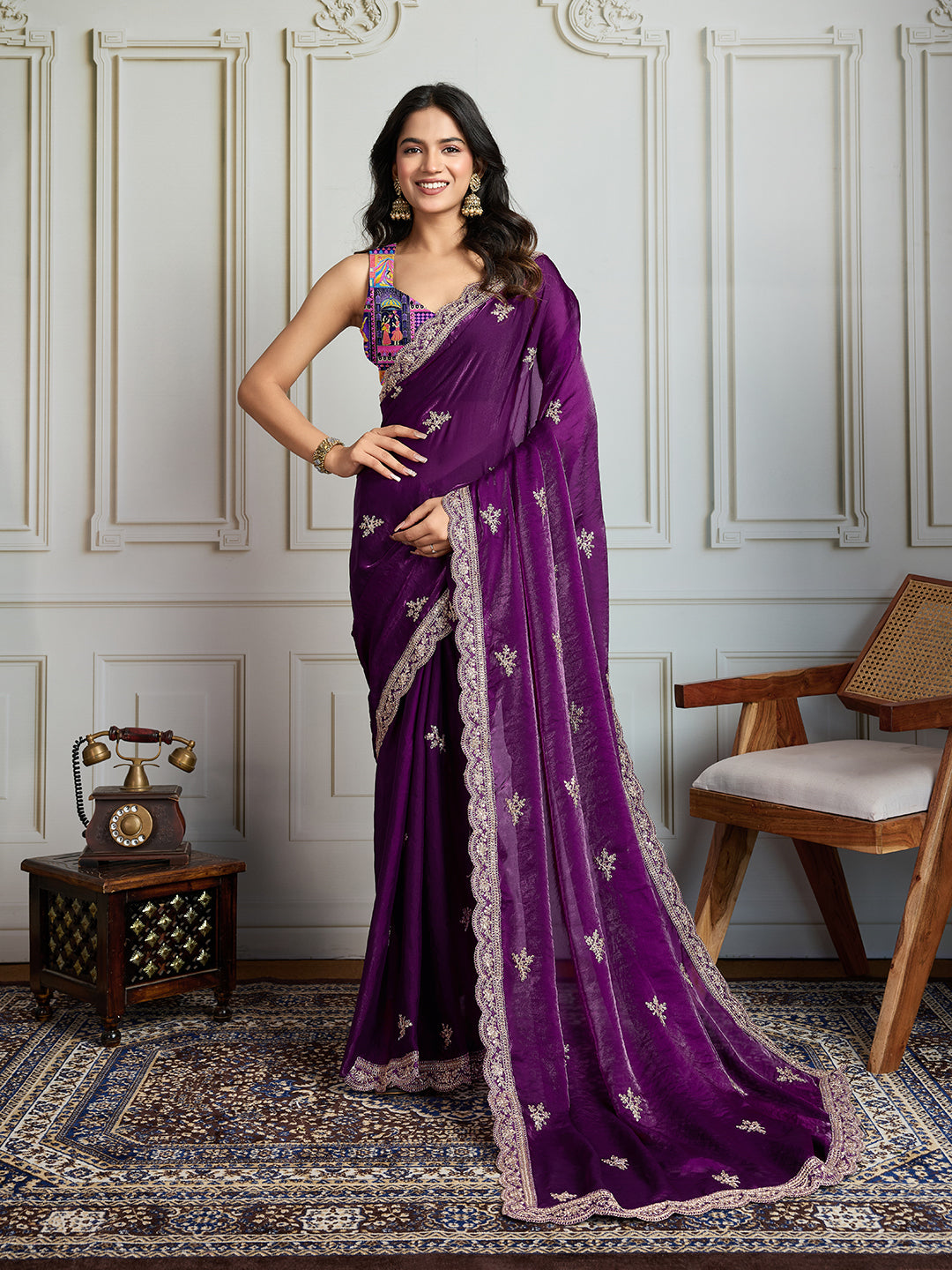 Jyoti Fashion Women's Purple Jimmy Choo Embroidered Designer Saree with Blouse - Distacart