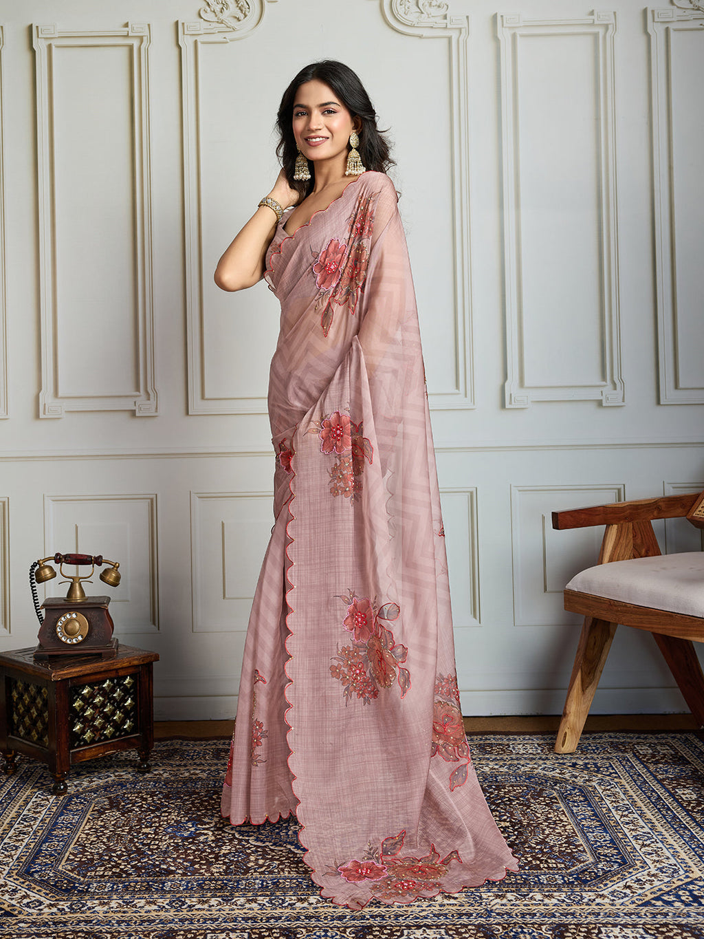 Jyoti Fashion Women's Beige Soft Tabby Organza Digital Printed Designer Saree with Blouse - Distacart