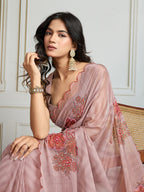 Jyoti Fashion Women's Beige Soft Tabby Organza Digital Printed Designer Saree with Blouse - Distacart