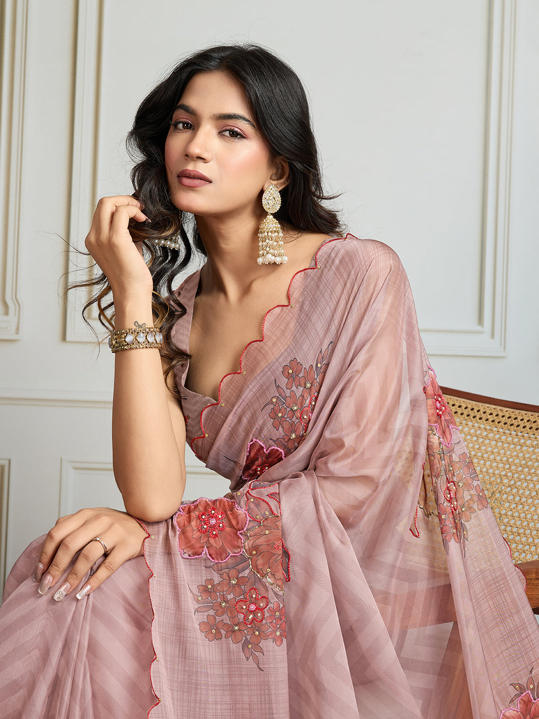 Jyoti Fashion Women's Beige Soft Tabby Organza Digital Printed Designer Saree with Blouse - Distacart