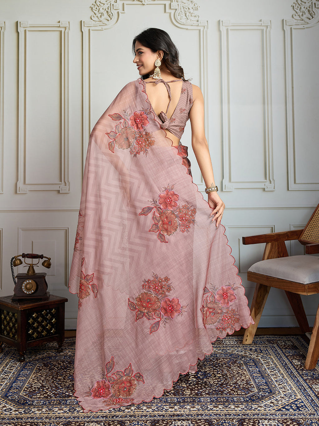 Jyoti Fashion Women's Beige Soft Tabby Organza Digital Printed Designer Saree with Blouse - Distacart