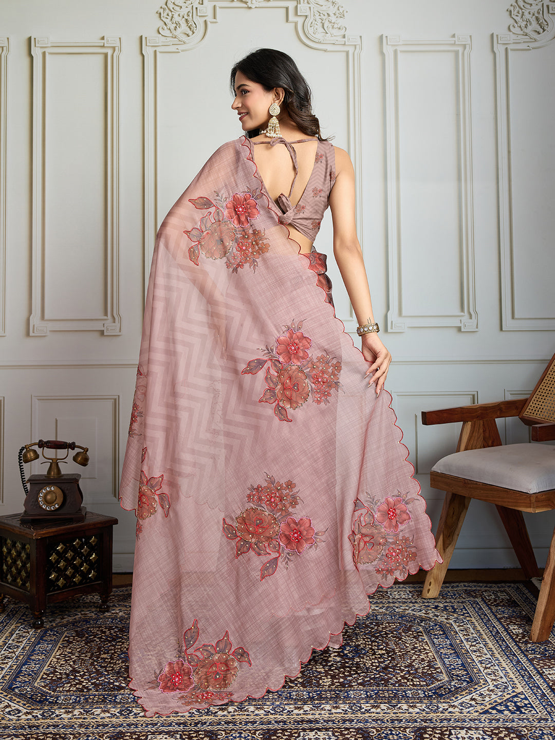 Jyoti Fashion Women's Beige Soft Tabby Organza Digital Printed Designer Saree with Blouse - Distacart