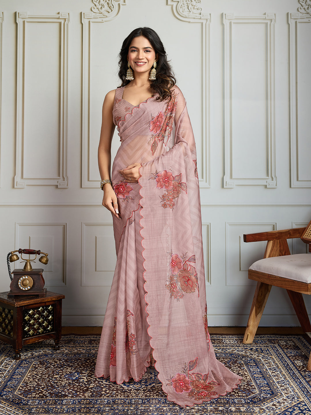 Jyoti Fashion Women's Beige Soft Tabby Organza Digital Printed Designer Saree with Blouse - Distacart