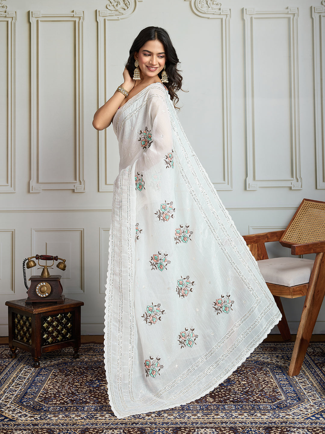 Jyoti Fashion Women's White Crush Organza Sequins Designer Saree with Blouse - Distacart