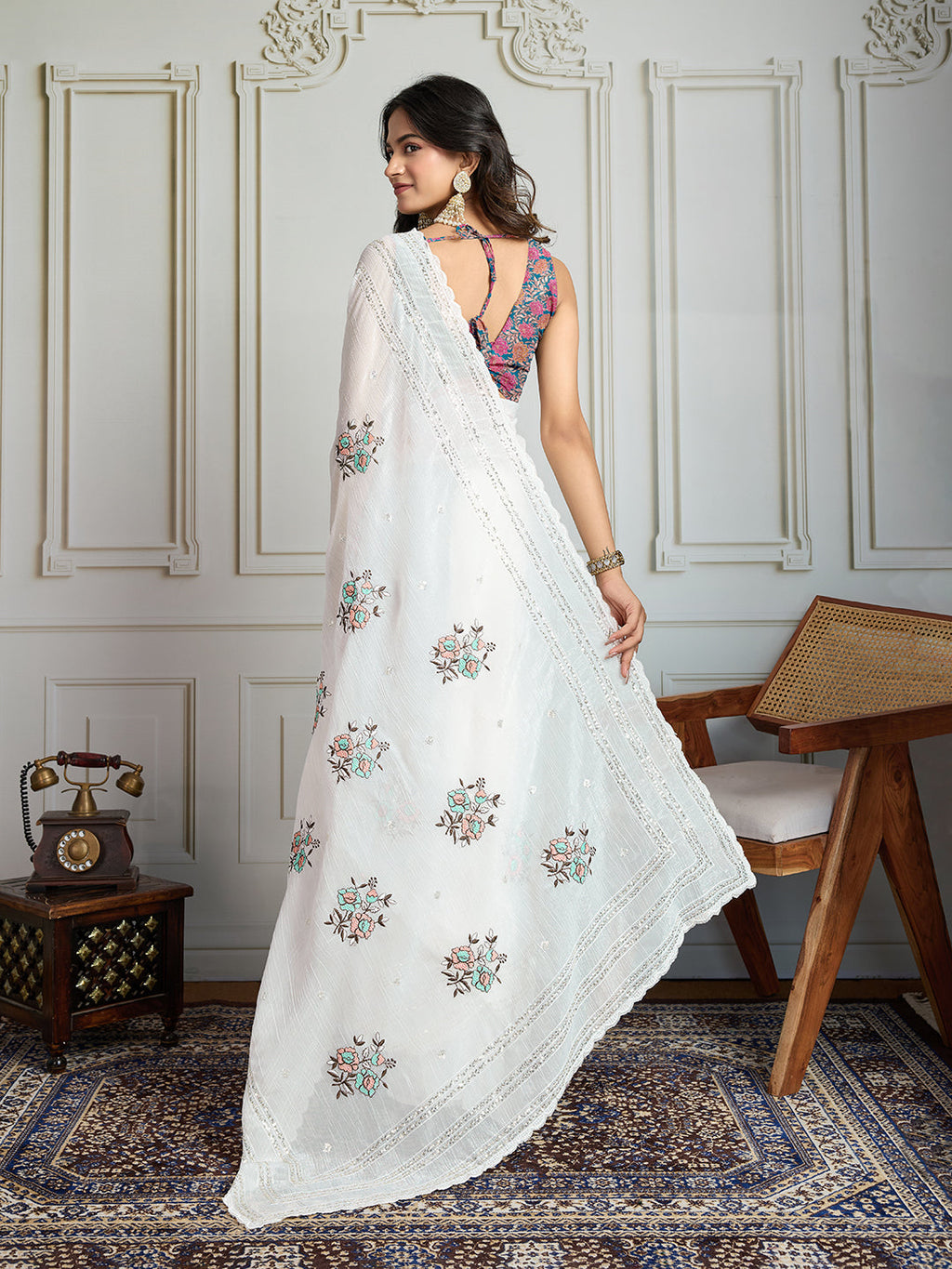Jyoti Fashion Women's White Crush Organza Sequins Designer Saree with Blouse - Distacart