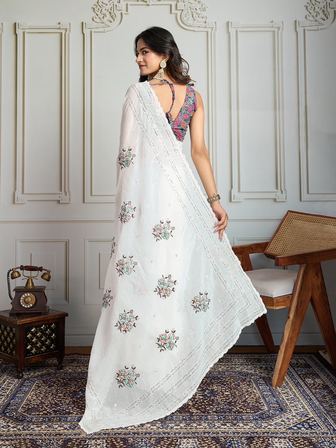 Jyoti Fashion Women's White Crush Organza Sequins Designer Saree with Blouse - Distacart