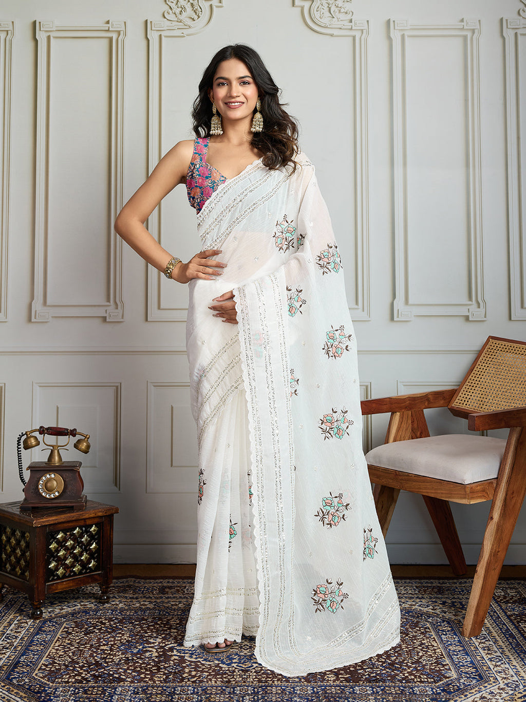 Jyoti Fashion Women's White Crush Organza Sequins Designer Saree with Blouse - Distacart