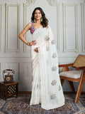 Jyoti Fashion Women's White Crush Organza Sequins Designer Saree with Blouse - Distacart