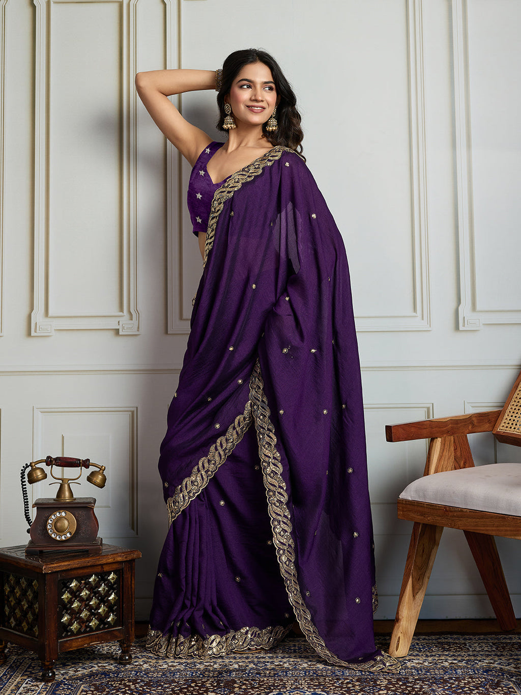 Jyoti Fashion Women's Purple Satin Silk Sequins Designer Saree with Blouse - Distacart