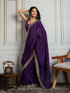 Jyoti Fashion Women's Purple Satin Silk Sequins Designer Saree with Blouse - Distacart