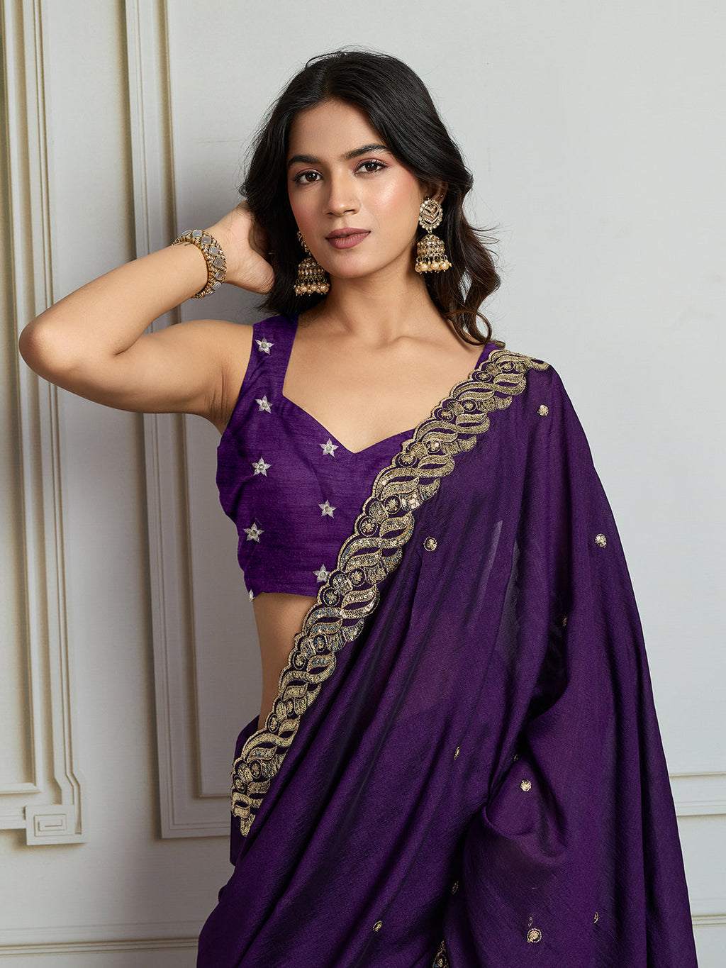 Jyoti Fashion Women's Purple Satin Silk Sequins Designer Saree with Blouse - Distacart