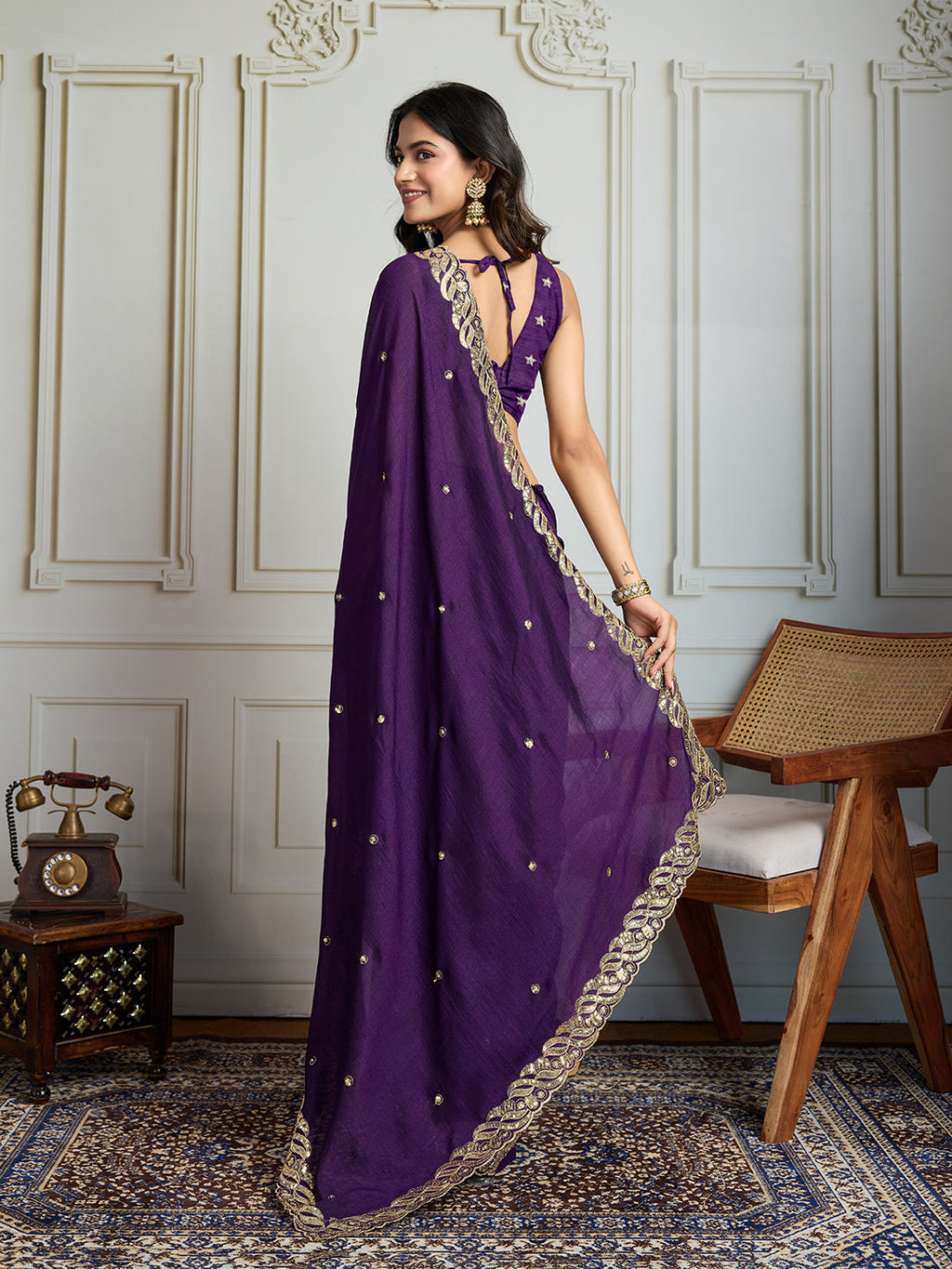 Jyoti Fashion Women's Purple Satin Silk Sequins Designer Saree with Blouse - Distacart