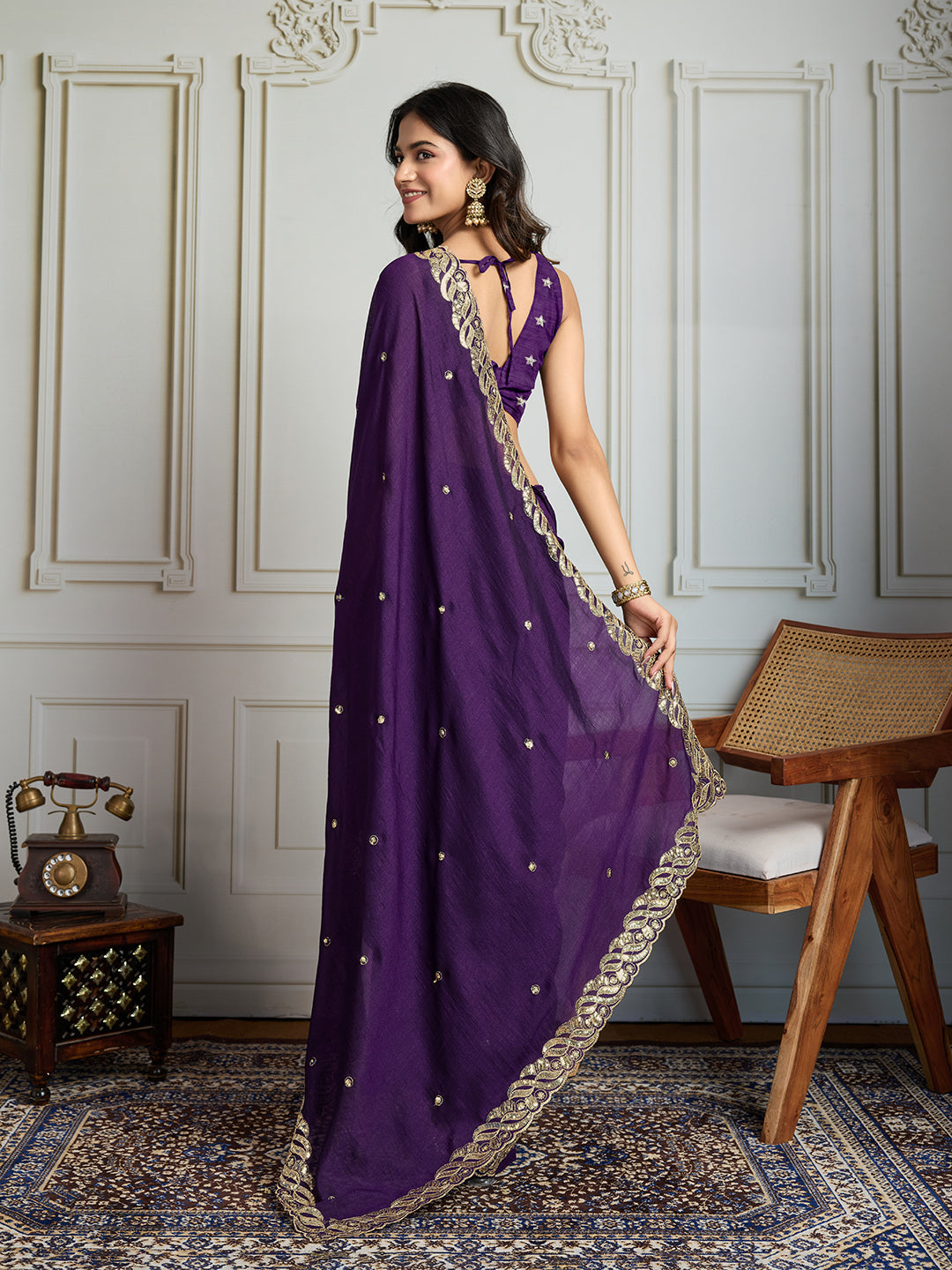 Jyoti Fashion Women's Purple Satin Silk Sequins Designer Saree with Blouse - Distacart