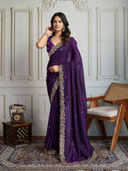 Jyoti Fashion Women's Purple Satin Silk Sequins Designer Saree with Blouse - Distacart