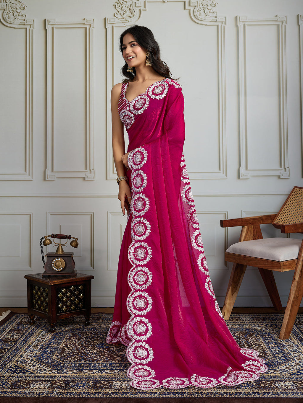 Jyoti Fashion Women's Pink Fandy Satin Embroidered Designer Saree with Blouse - Distacart