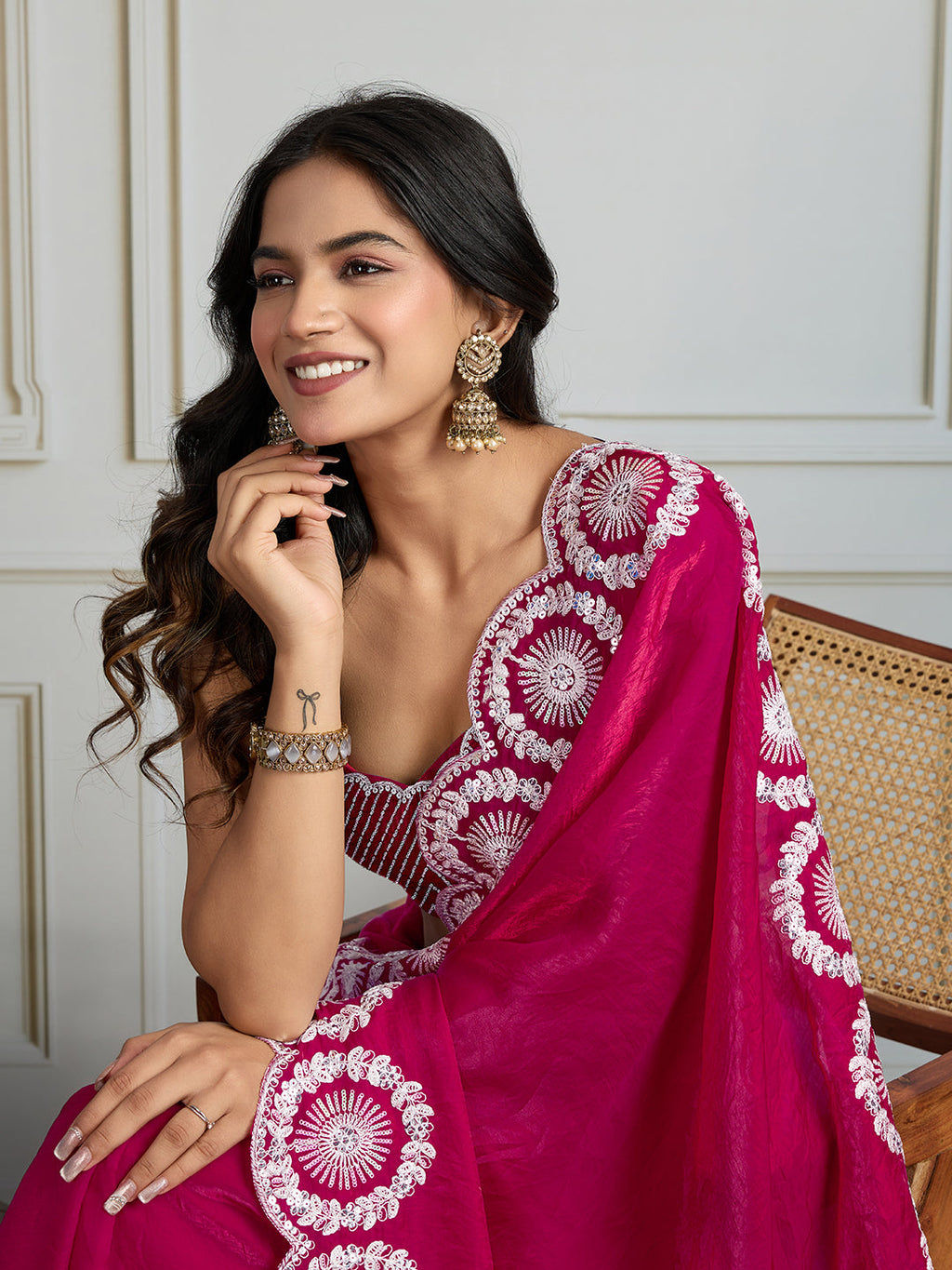 Jyoti Fashion Women's Pink Fandy Satin Embroidered Designer Saree with Blouse - Distacart