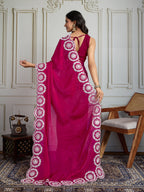 Jyoti Fashion Women's Pink Fandy Satin Embroidered Designer Saree with Blouse - Distacart