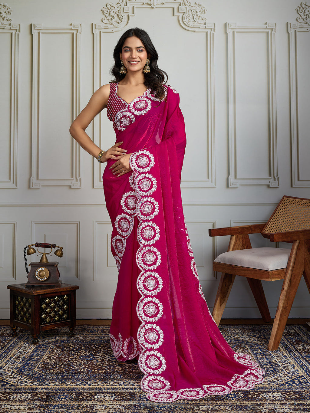Jyoti Fashion Women's Pink Fandy Satin Embroidered Designer Saree with Blouse - Distacart