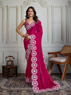 Jyoti Fashion Women's Pink Fandy Satin Embroidered Designer Saree with Blouse - Distacart