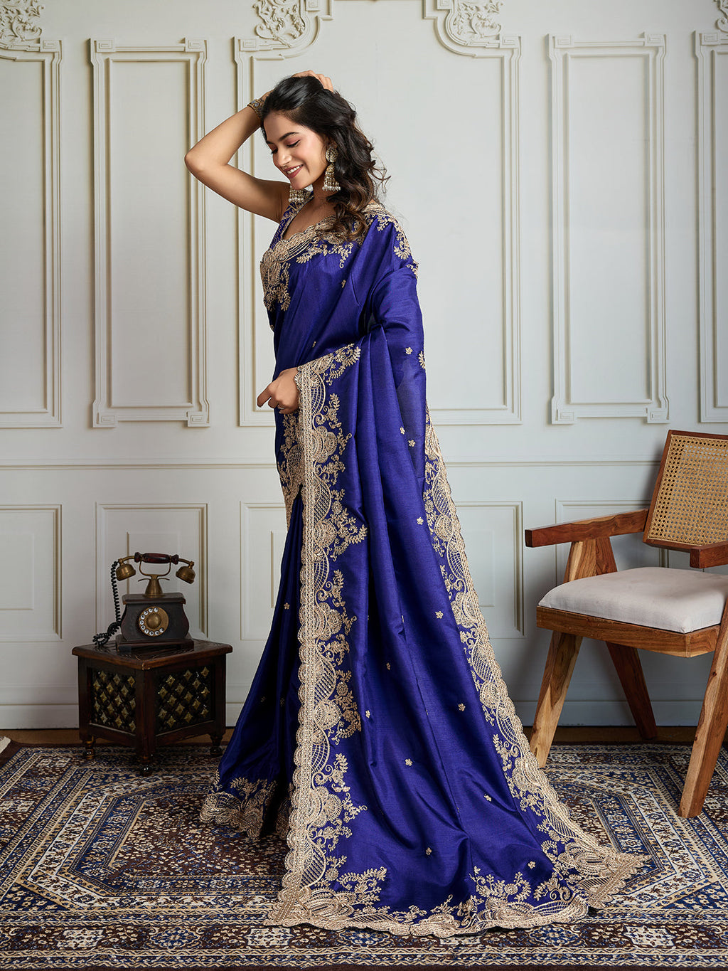 Jyoti Fashion Women's Blue Jimmy Choo Silk Embroidered Designer Saree with Blouse - Distacart