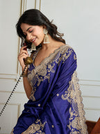 Jyoti Fashion Women's Blue Jimmy Choo Silk Embroidered Designer Saree with Blouse - Distacart