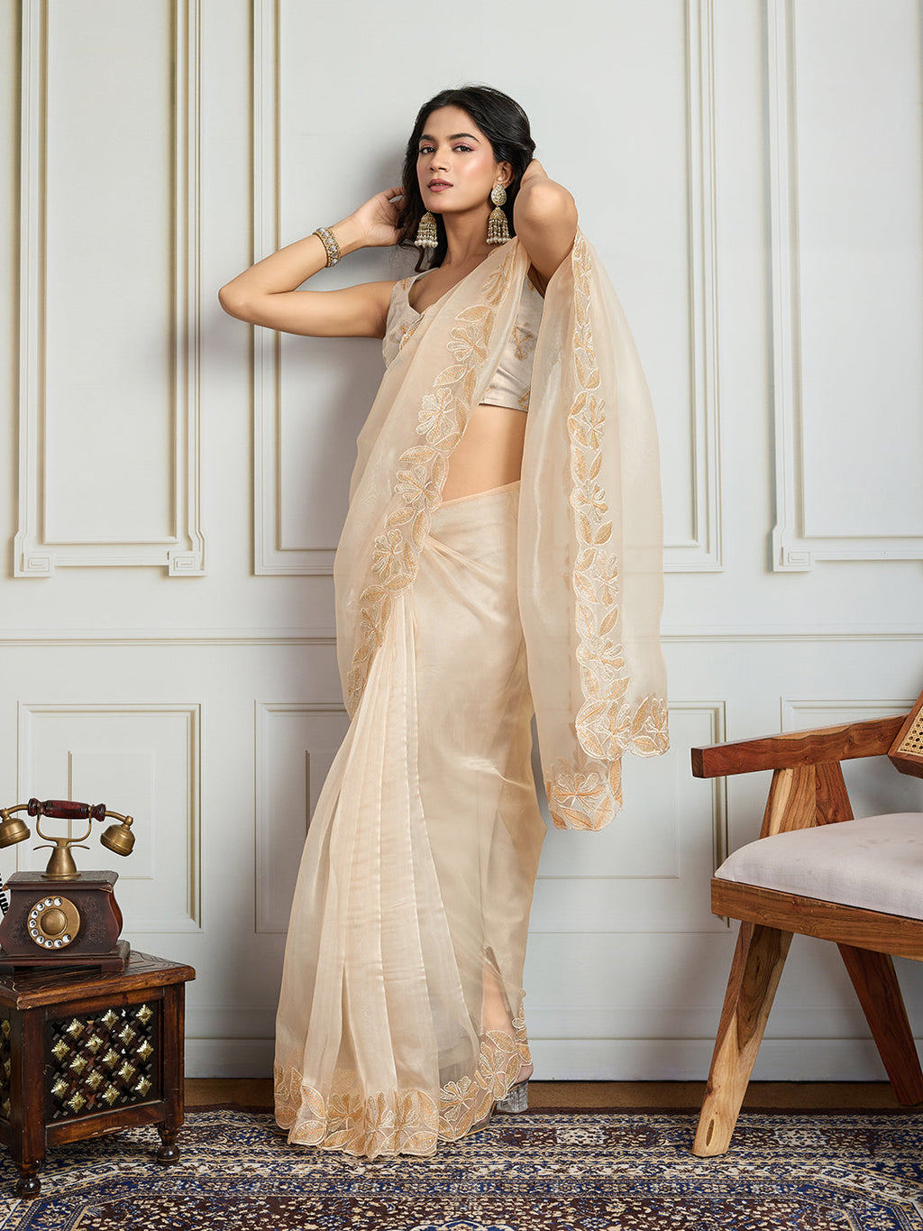 Jyoti Fashion Women's Cream Organza Embroidered Designer Saree with Blouse - Distacart