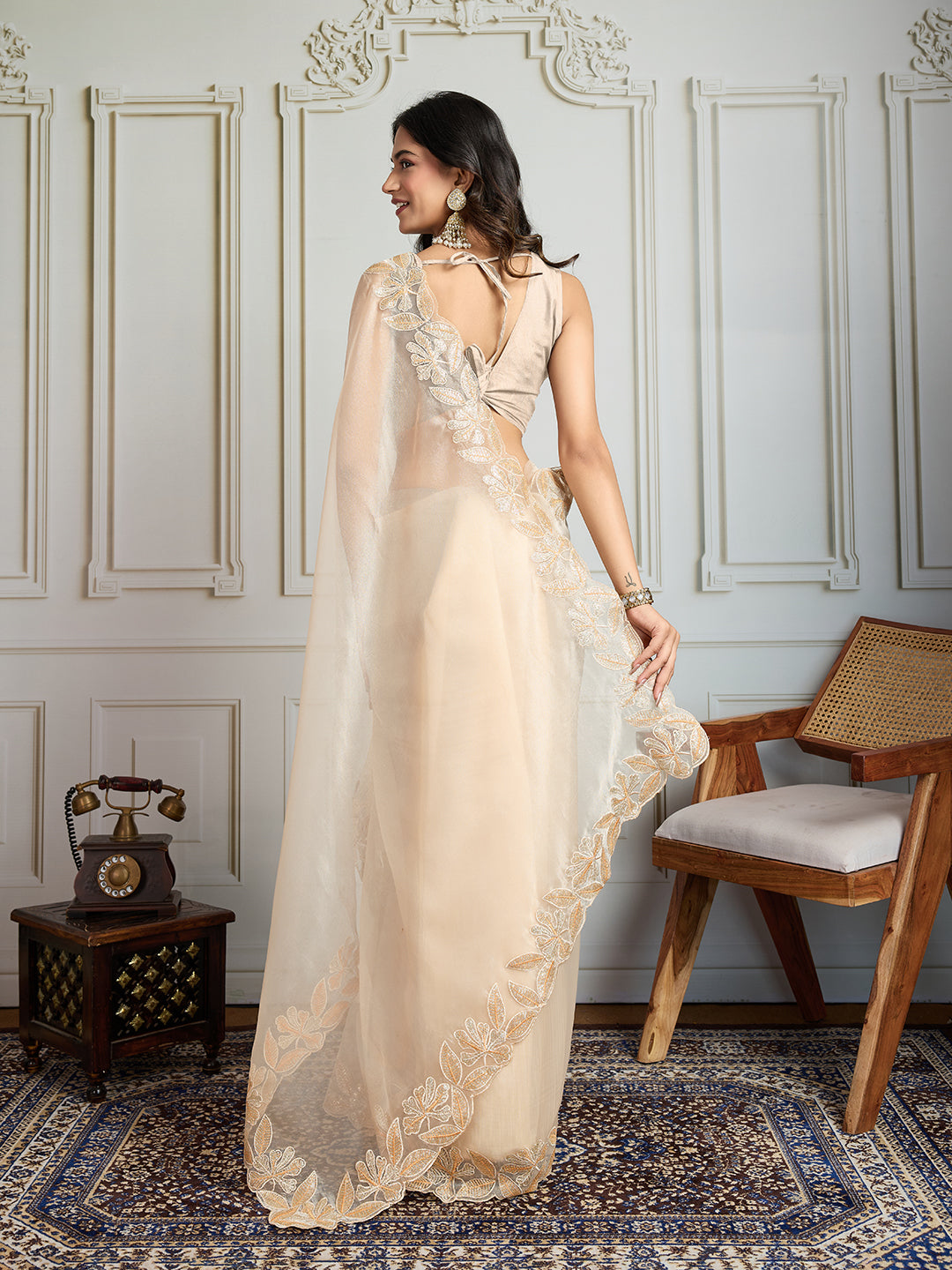 Jyoti Fashion Women's Cream Organza Embroidered Designer Saree with Blouse - Distacart