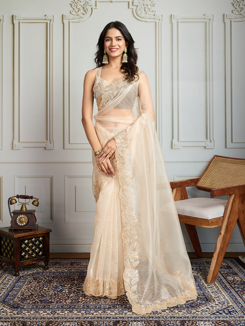 Jyoti Fashion Women's Cream Organza Embroidered Designer Saree with Blouse - Distacart