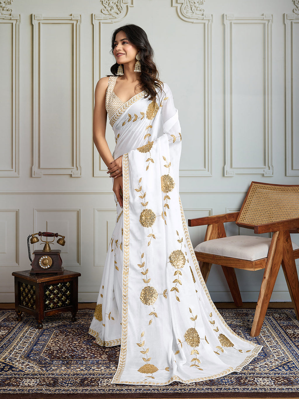 Jyoti Fashion Women's White Georgette Embroidered Designer Saree with Blouse - Distacart