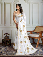 Jyoti Fashion Women's White Georgette Embroidered Designer Saree with Blouse - Distacart