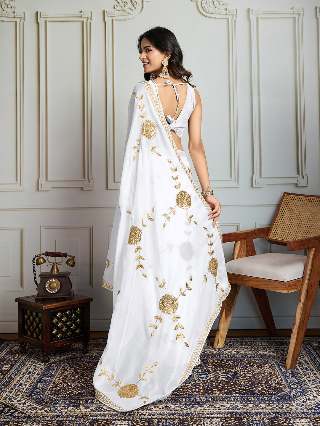 Jyoti Fashion Women's White Georgette Embroidered Designer Saree with Blouse - Distacart