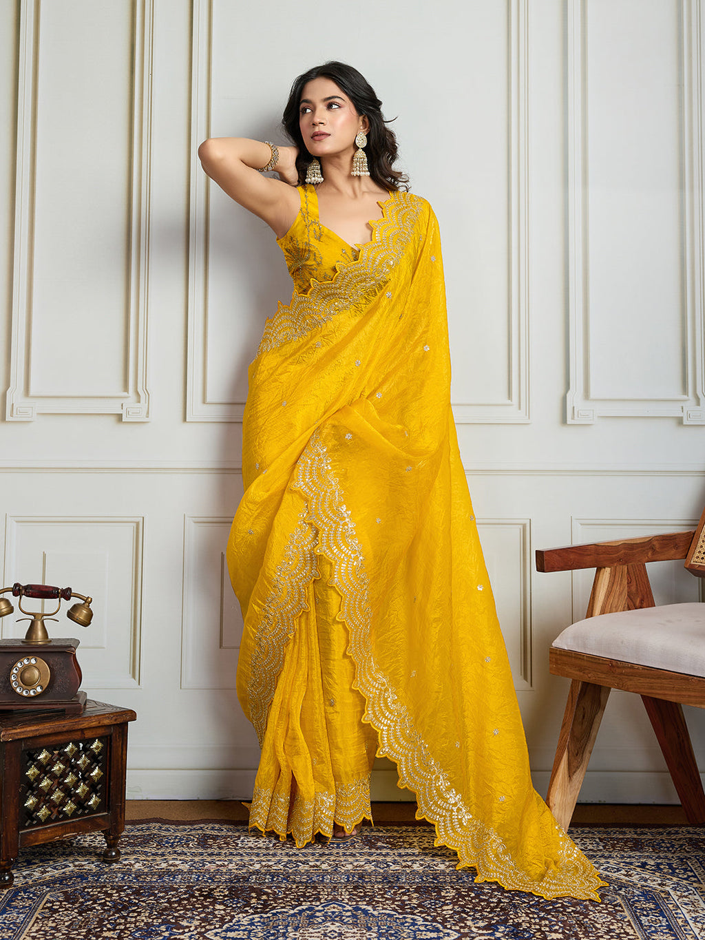 Jyoti Fashion Women's Yellow Gold Crush Silk Embroidered Designer Saree with Blouse - Distacart