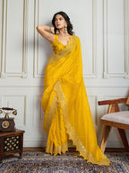 Jyoti Fashion Women's Yellow Gold Crush Silk Embroidered Designer Saree with Blouse - Distacart