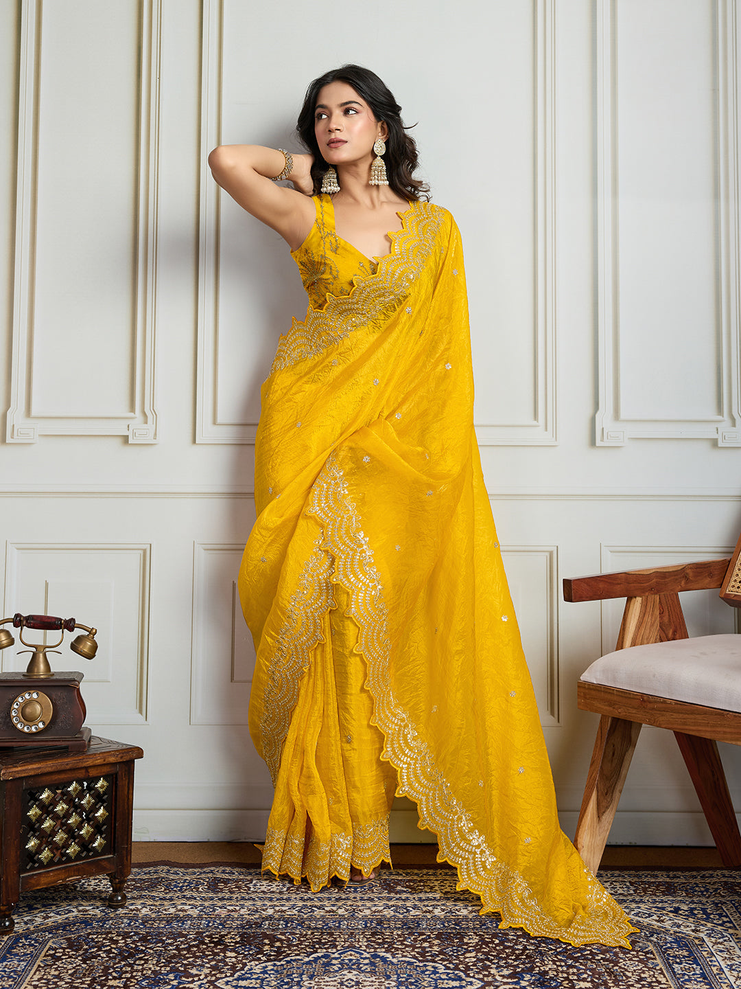 Jyoti Fashion Women's Yellow Gold Crush Silk Embroidered Designer Saree with Blouse - Distacart