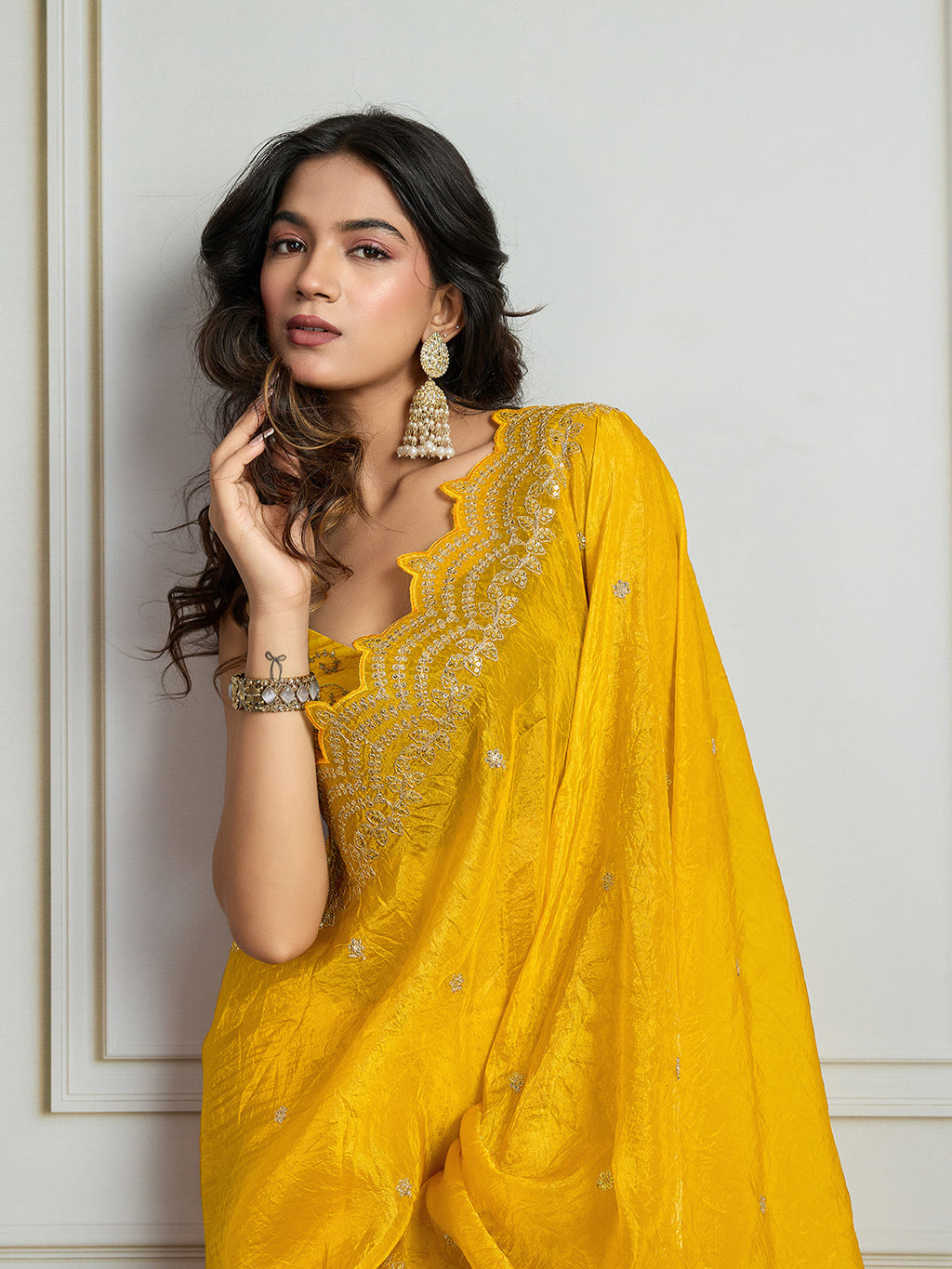 Jyoti Fashion Women's Yellow Gold Crush Silk Embroidered Designer Saree with Blouse - Distacart