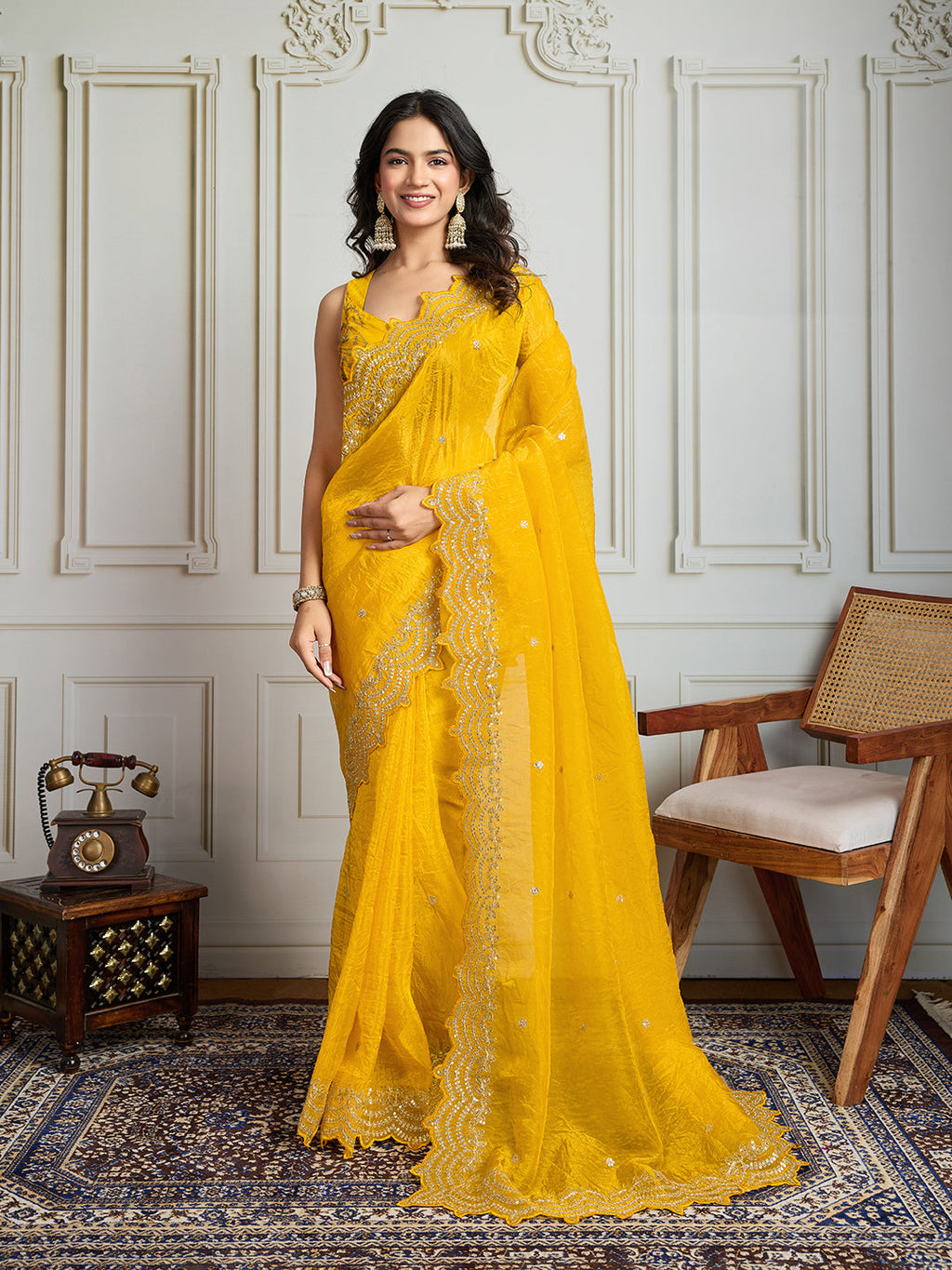 Jyoti Fashion Women's Yellow Gold Crush Silk Embroidered Designer Saree with Blouse - Distacart