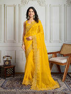 Jyoti Fashion Women's Yellow Gold Crush Silk Embroidered Designer Saree with Blouse - Distacart