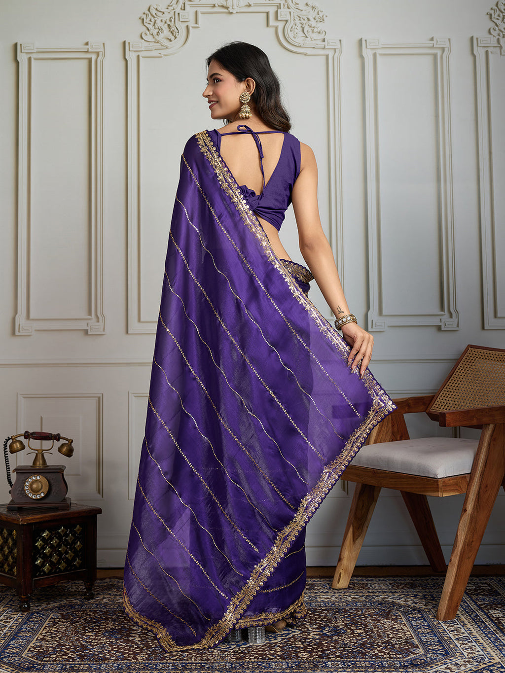 Jyoti Fashion Women's Purple Jimmy Choo Sequins Designer Saree with Blouse - Distacart
