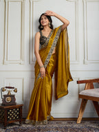 Jyoti Fashion Women's Mustard Satin Silk Embroidered Designer Saree with Blouse - Distacart