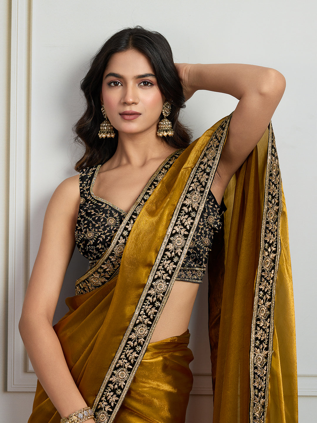 Jyoti Fashion Women's Mustard Satin Silk Embroidered Designer Saree with Blouse - Distacart